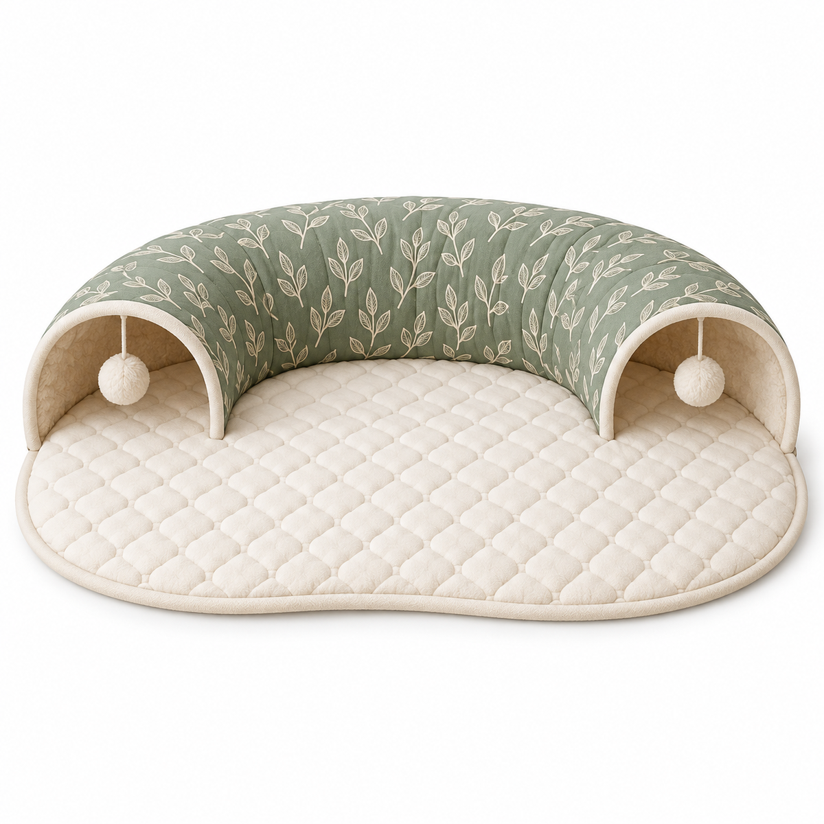 3-Way Foldable Cat Play Tunnel with Peekaboo Opening & Hanging Ball - Sage, Blue & Cream