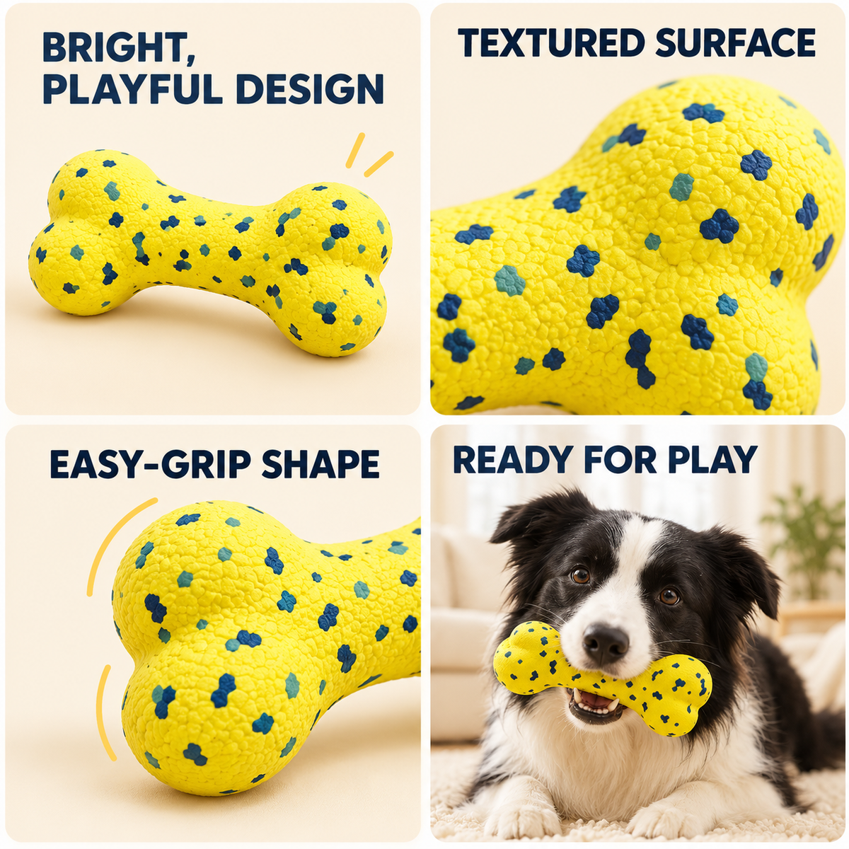 Textured Bone-Shaped Dog Toy - Yellow with Blue & Green Speckles, 15 cm