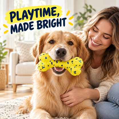 Textured Bone-Shaped Dog Toy - Yellow with Blue & Green Speckles, 15 cm