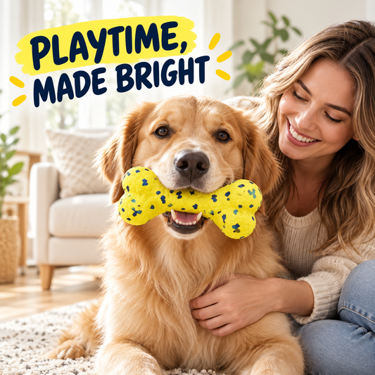Textured Bone-Shaped Dog Toy - Yellow with Blue & Green Speckles, 15 cm