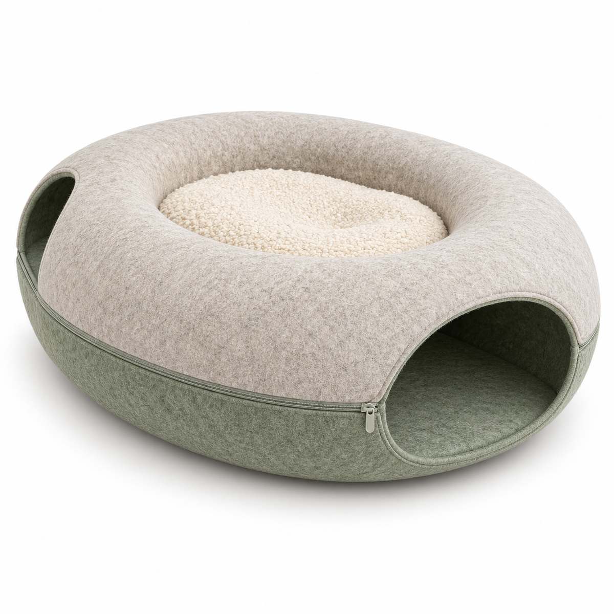 2-in-1 Cat Tunnel Bed with Removable Cushion - Cream & Sage