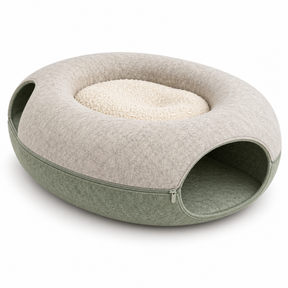 2-in-1 Cat Tunnel Bed with Removable Cushion - Cream & Sage