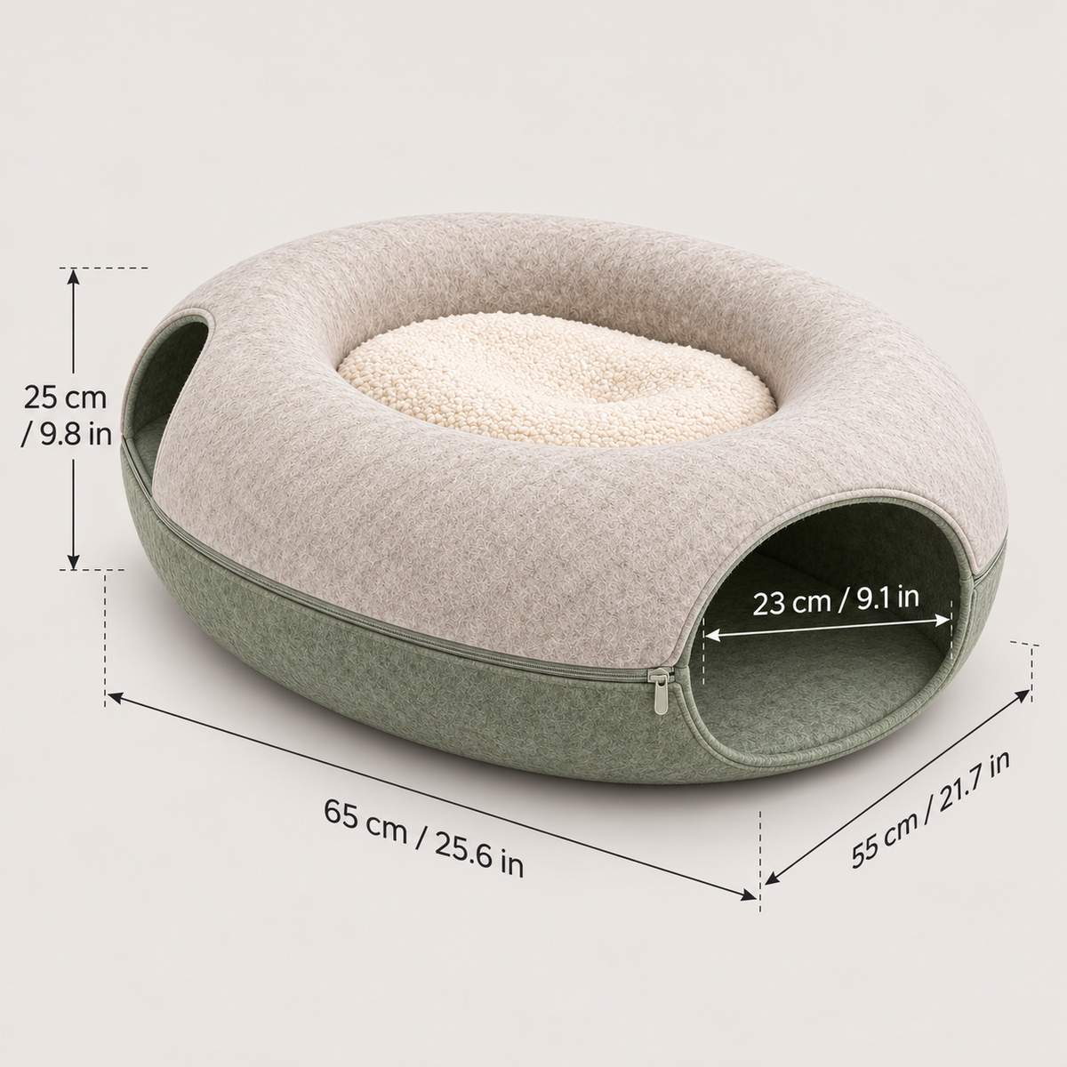 2-in-1 Cat Tunnel Bed with Removable Cushion - Cream & Sage