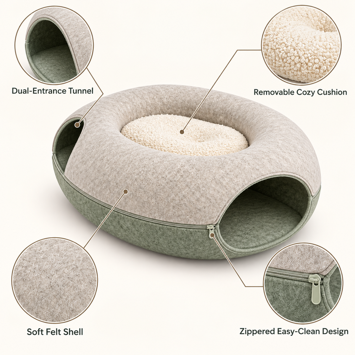 2-in-1 Cat Tunnel Bed with Removable Cushion - Cream & Sage