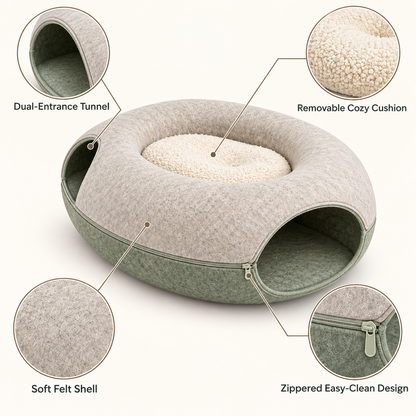 2-in-1 Cat Tunnel Bed with Removable Cushion - Cream & Sage
