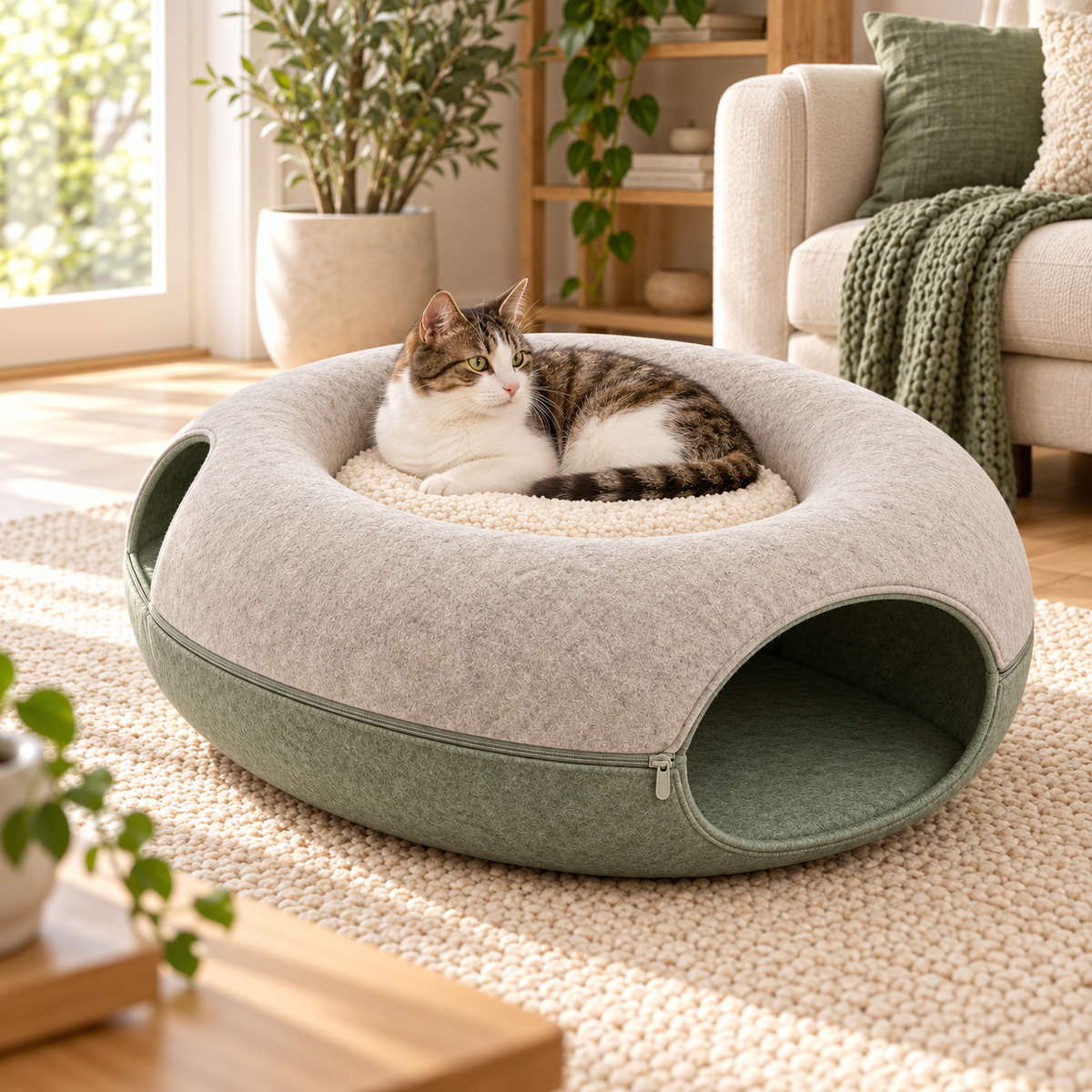2-in-1 Cat Tunnel Bed with Removable Cushion - Cream & Sage