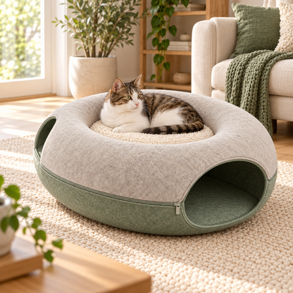 2-in-1 Cat Tunnel Bed with Removable Cushion - Cream & Sage