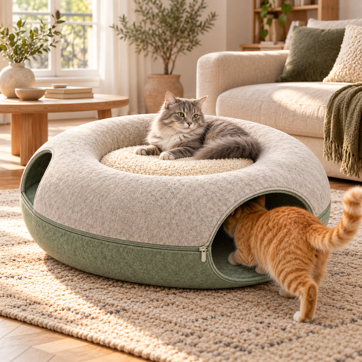 2-in-1 Cat Tunnel Bed with Removable Cushion - Cream & Sage