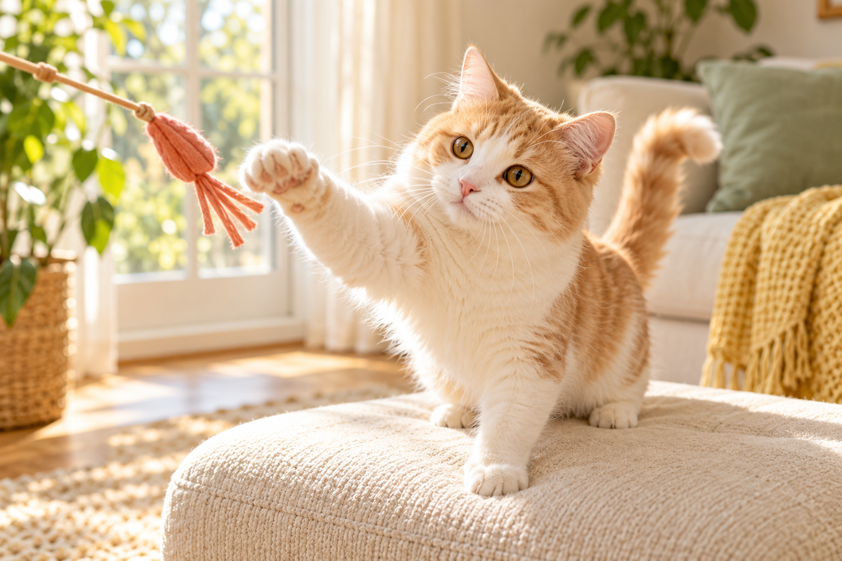 A curious cat playing with a feather toy