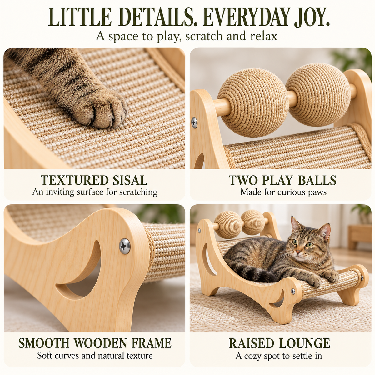 Cat Perch with Bolster Bed, Sisal Scratching Post & Hanging Ball - Cream & Olive