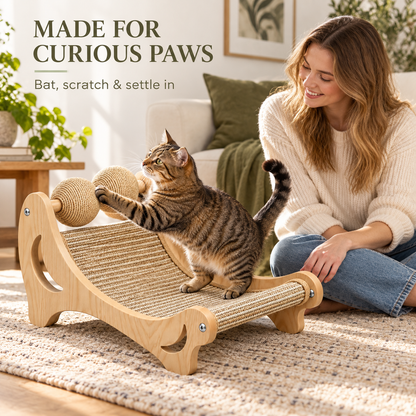Cat Perch with Bolster Bed, Sisal Scratching Post & Hanging Ball - Cream & Olive