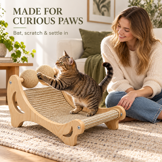 Cat Perch with Bolster Bed, Sisal Scratching Post & Hanging Ball - Cream & Olive