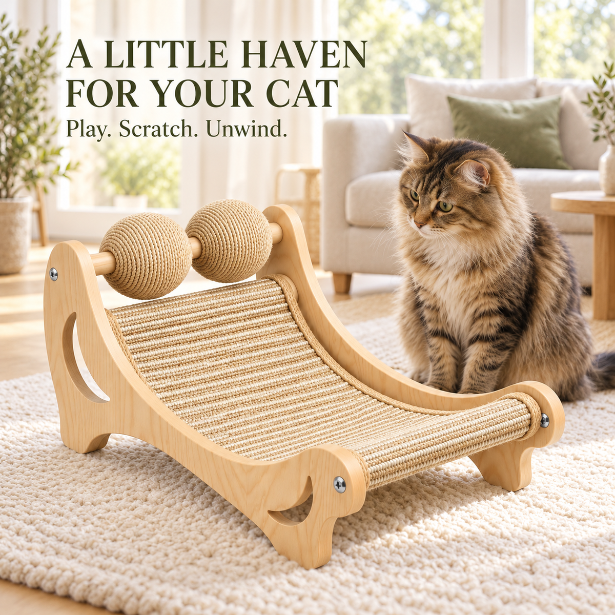 Cat Perch with Bolster Bed, Sisal Scratching Post & Hanging Ball - Cream & Olive