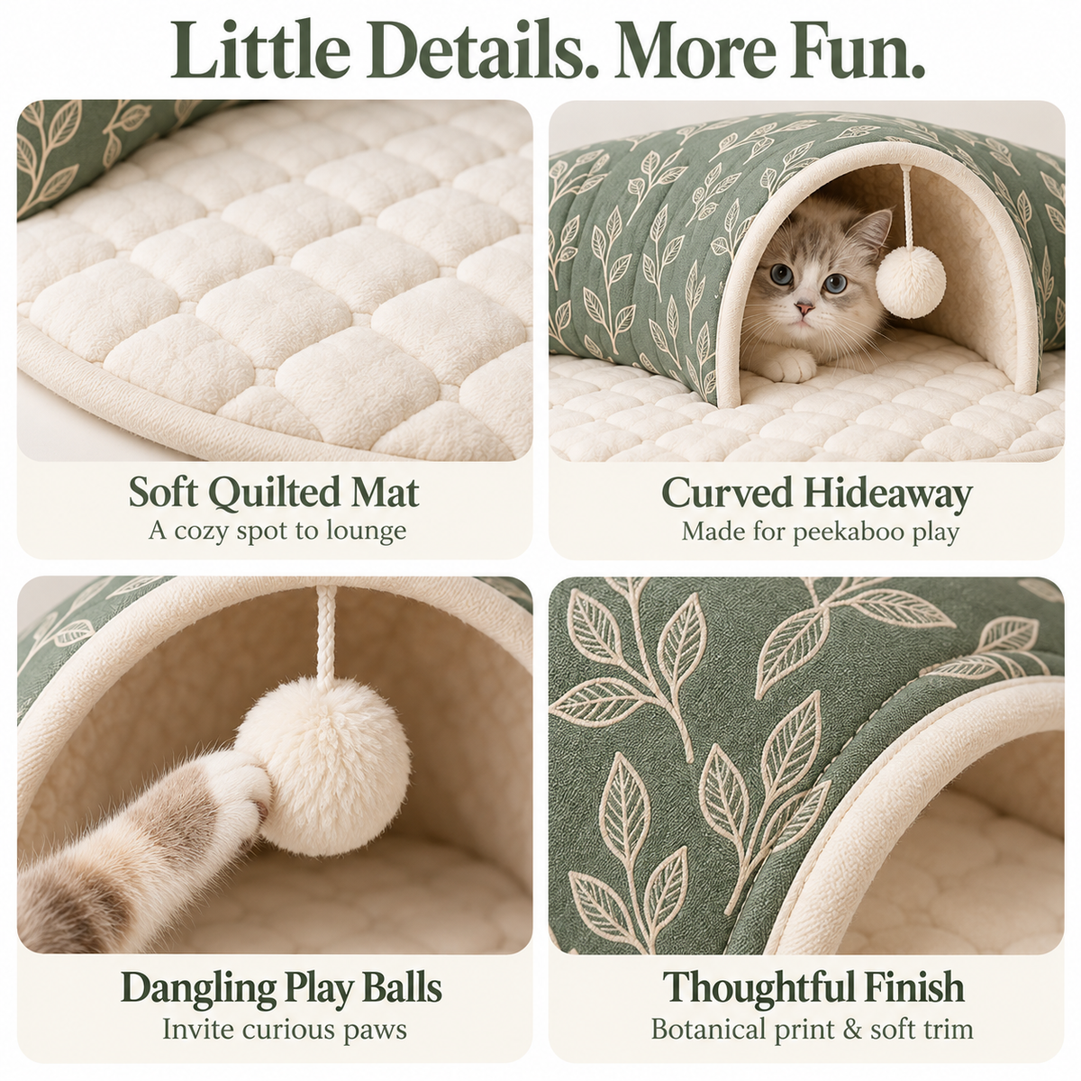 3-Way Foldable Cat Play Tunnel with Peekaboo Opening & Hanging Ball - Sage, Blue & Cream