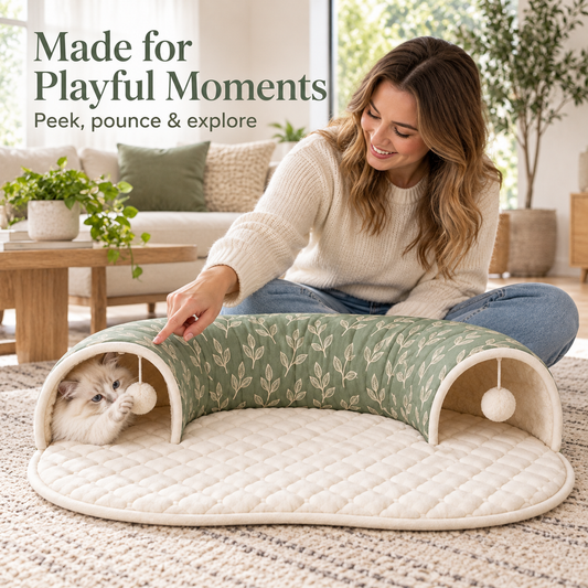 3-Way Foldable Cat Play Tunnel with Peekaboo Opening & Hanging Ball - Sage, Blue & Cream