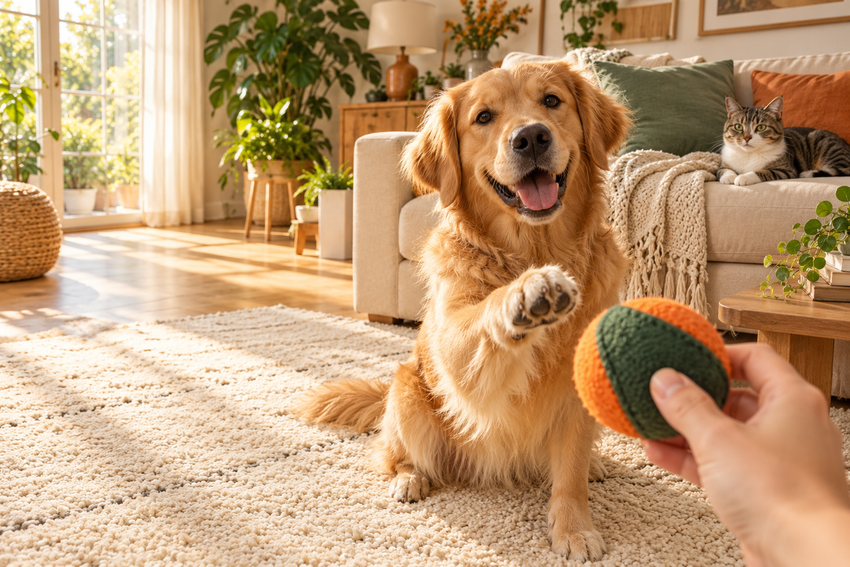 A happy dog ready to play in a sunny home